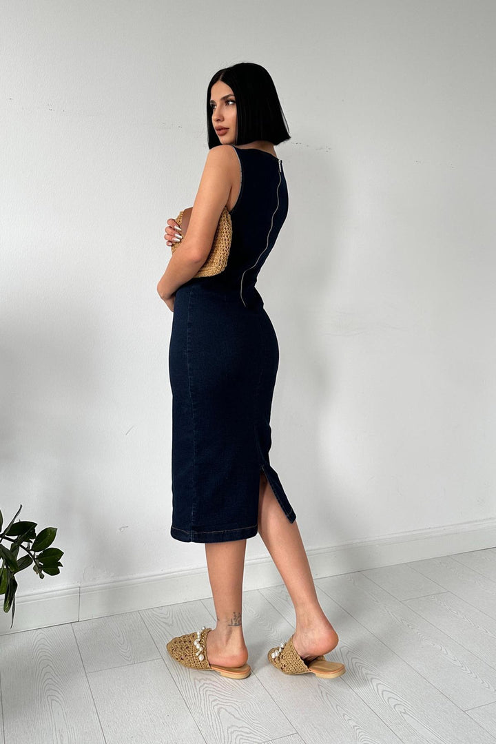 ELS Back Zipper Denim Dress - Navy Blue - Ecatepec