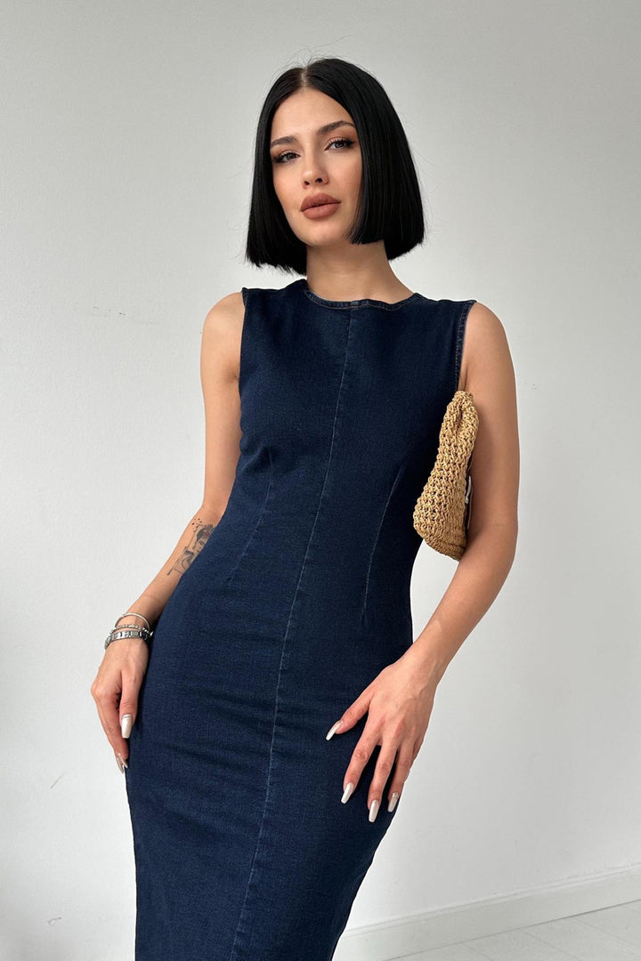 ELS Back Zipper Denim Dress - Navy Blue - Ecatepec