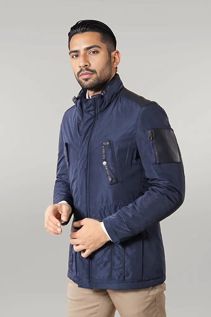 WSS Leather Modeled Blue Slim Fit Quilted Jacket  - Singen