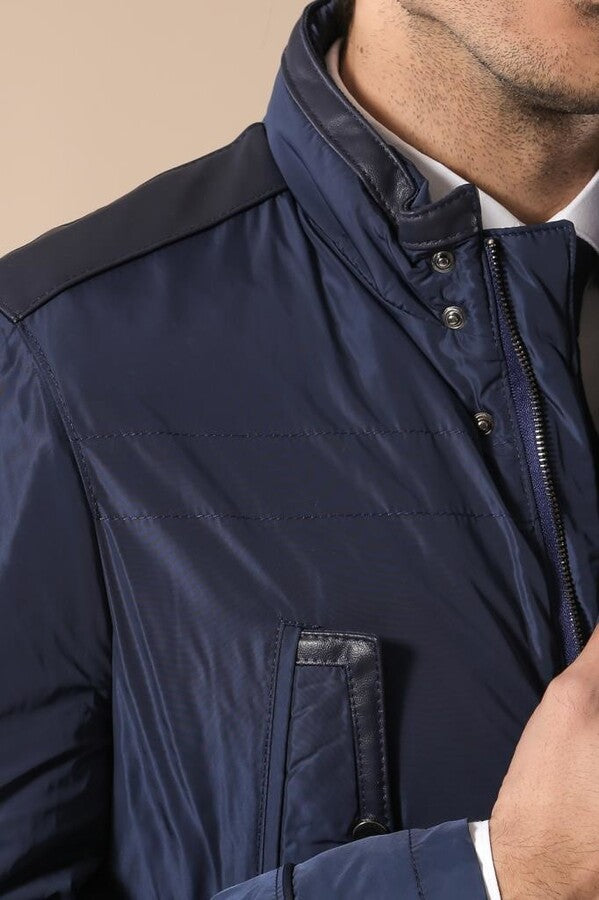 WSS Leather Modeled Blue Slim Fit Quilted Jacket  - Singen