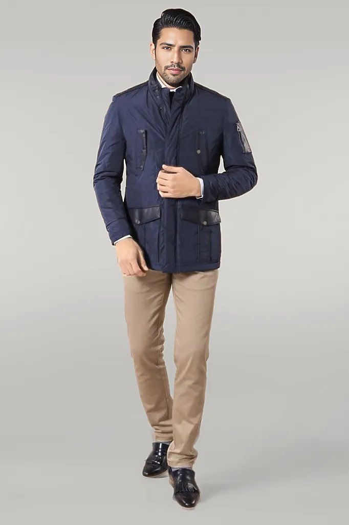 WSS Leather Modeled Blue Slim Fit Quilted Jacket  - Singen