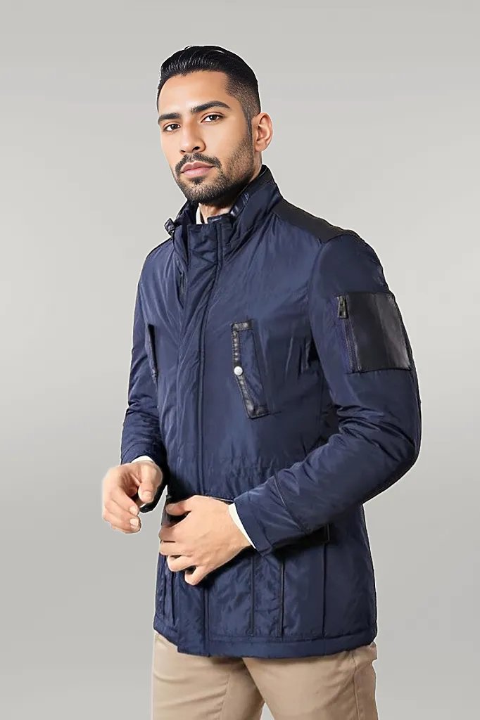 WSS Leather Modeled Blue Slim Fit Quilted Jacket  - Singen