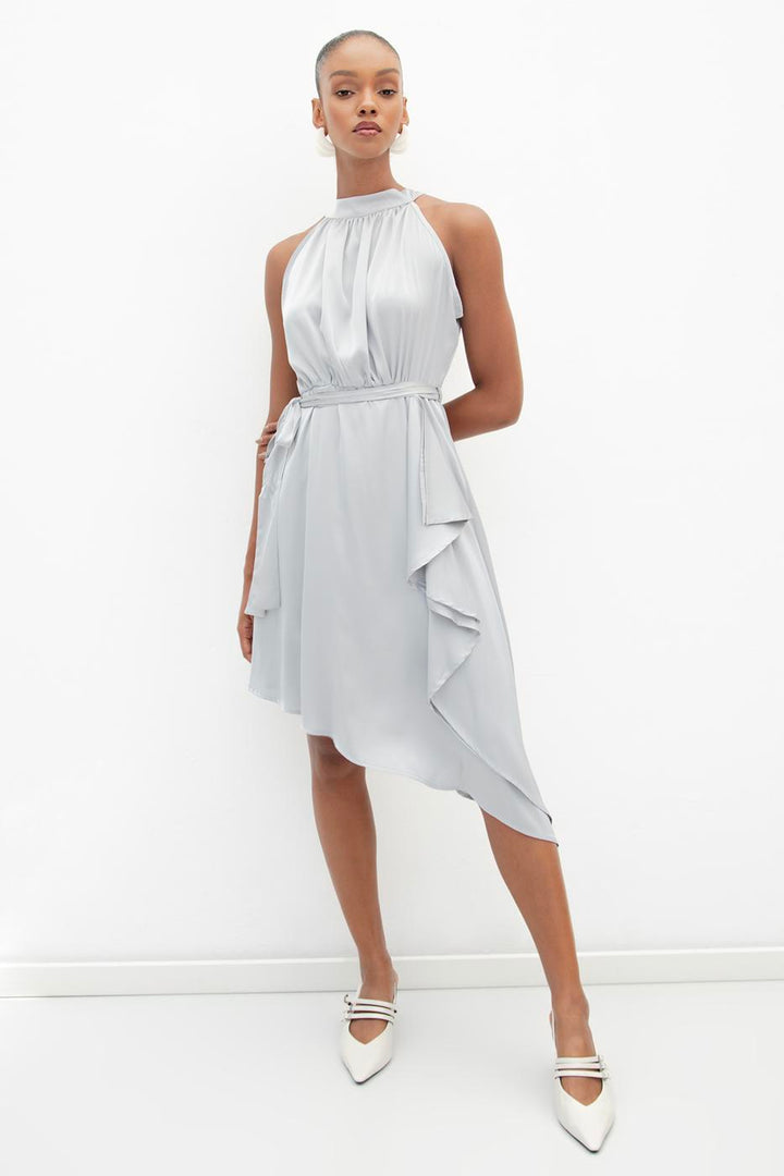 BSL Women Satin Dress with Asymmetrical Hem Detail - Basildon