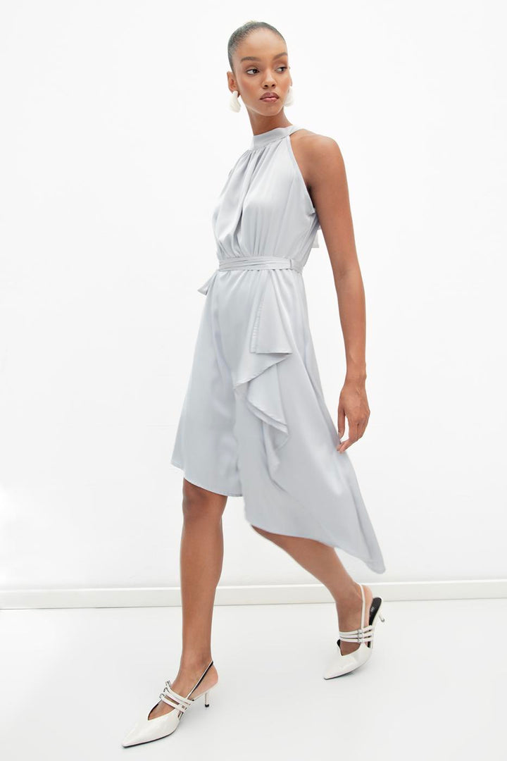 BSL Women Satin Dress with Asymmetrical Hem Detail - Basildon