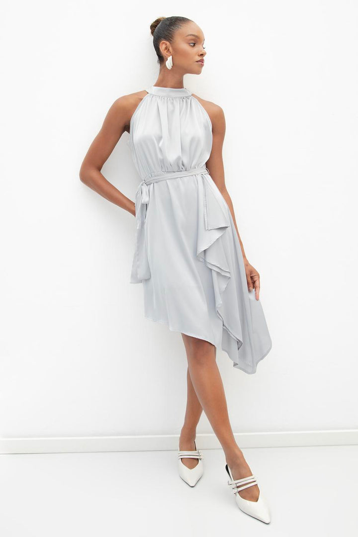 BSL Women Satin Dress with Asymmetrical Hem Detail - Basildon
