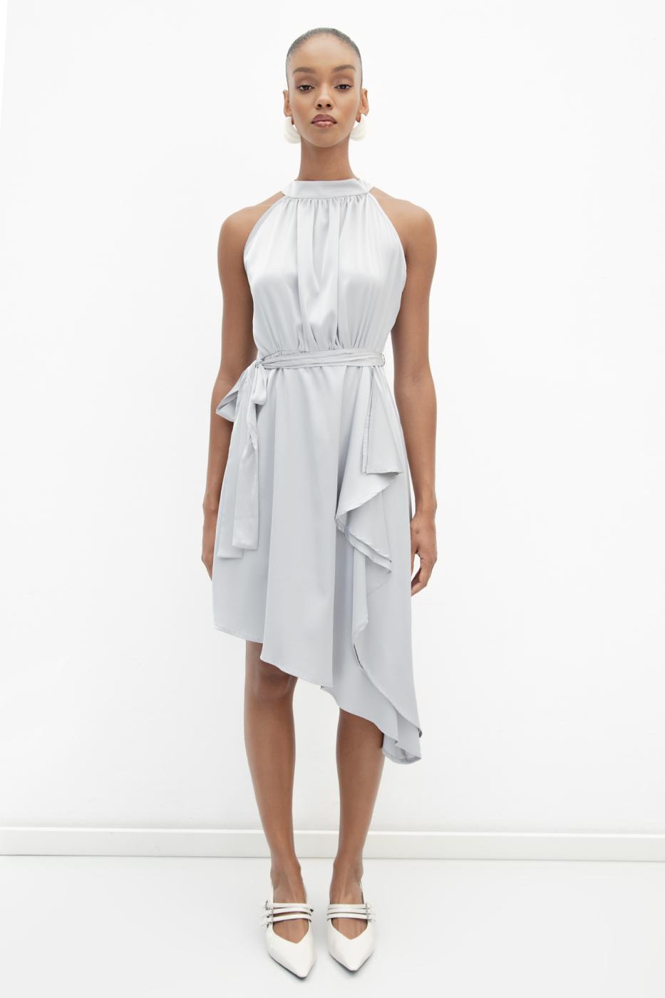 BSL Women Satin Dress with Asymmetrical Hem Detail - Basildon