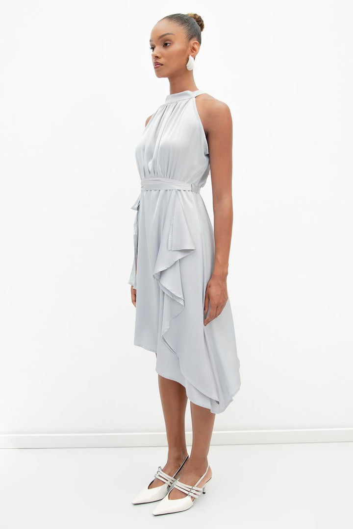 BSL Women Satin Dress with Asymmetrical Hem Detail - Basildon