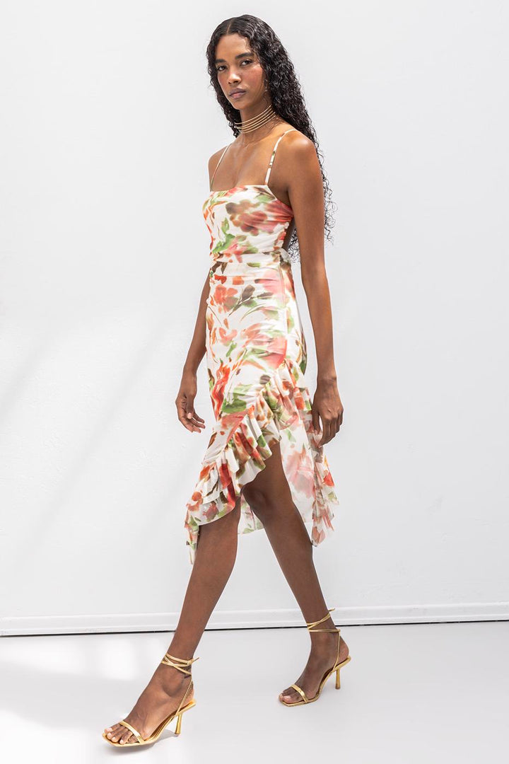 BSL Women Strapless Ruffle Patterned Midi Dress - Mascouche