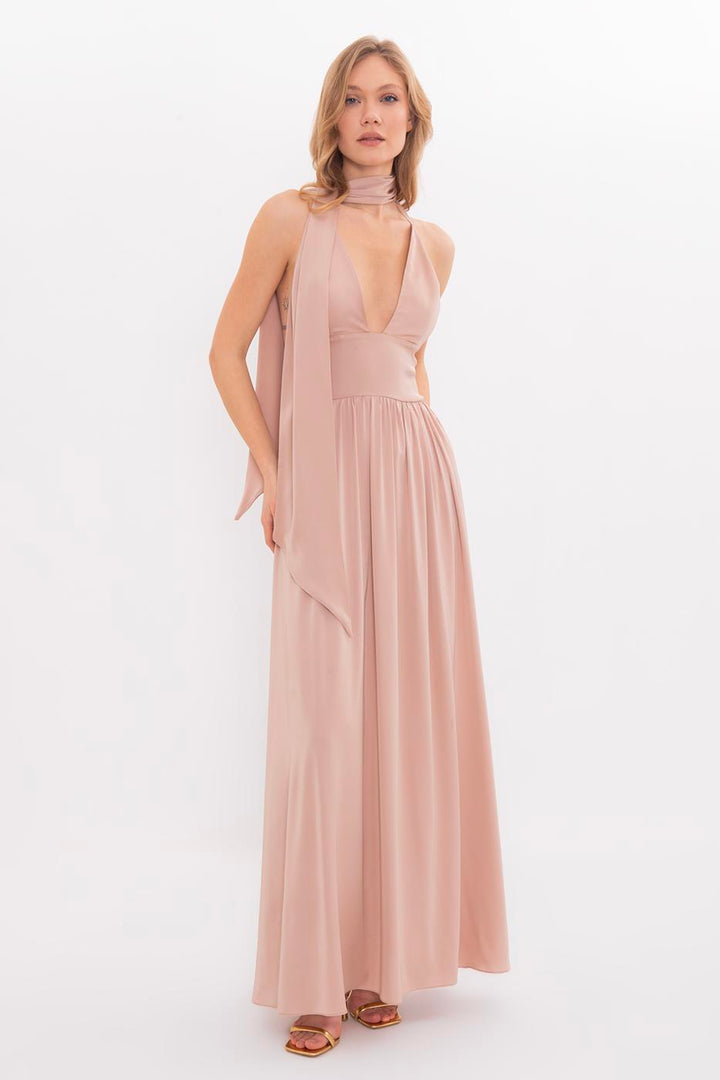 BSL Women Strappy Scarf Detailed Maxi Satin Dress - Durham