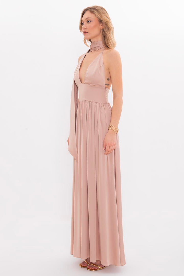 BSL Women Strappy Scarf Detailed Maxi Satin Dress - Durham