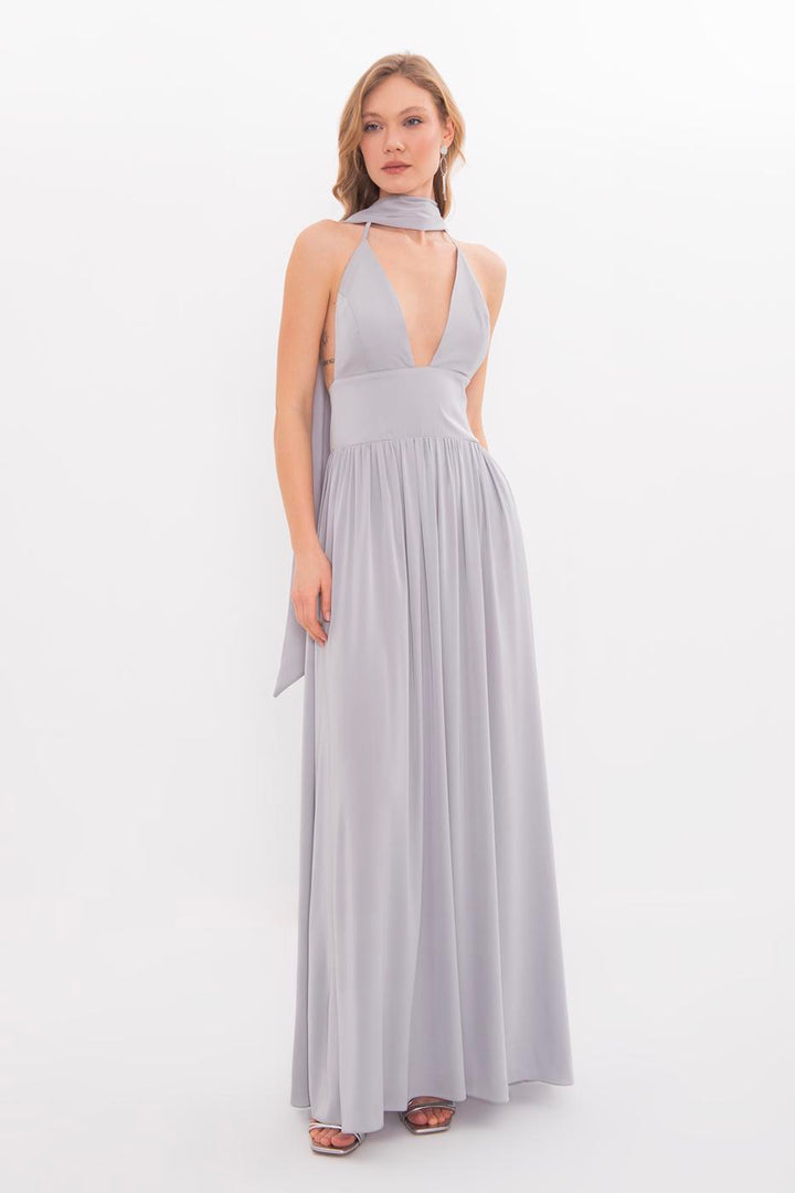 BSL Women Strappy Scarf Detailed Maxi Satin Dress - Yucaipa