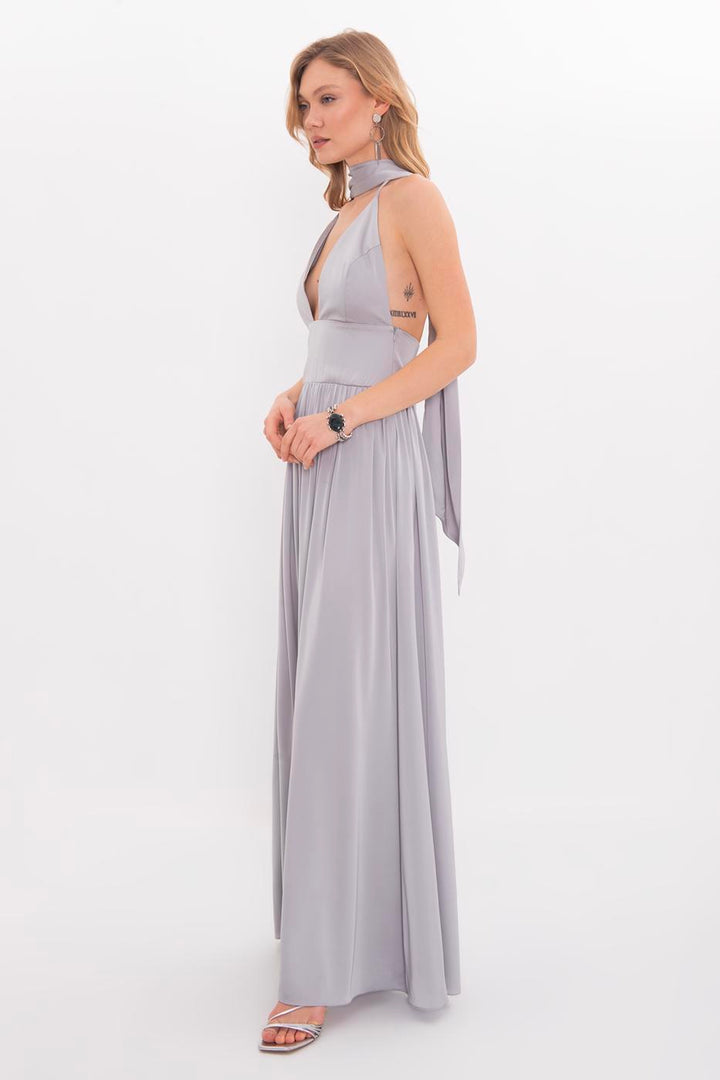 BSL Women Strappy Scarf Detailed Maxi Satin Dress - Yucaipa