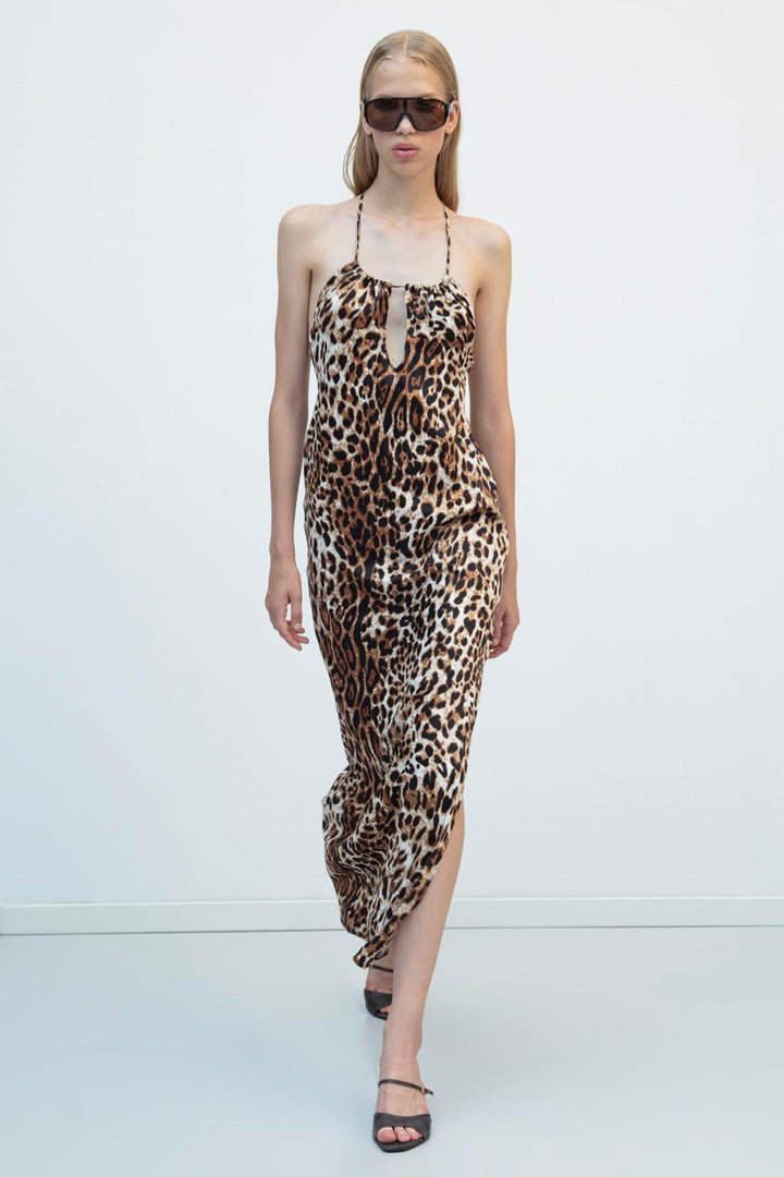 BSL Women Strappy Satin Leopard Maxi Dress - Barcelona