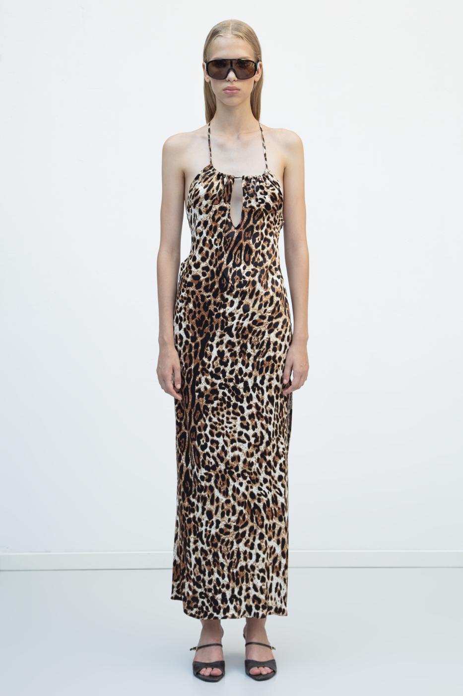 BSL Women Strappy Satin Leopard Maxi Dress - Barcelona