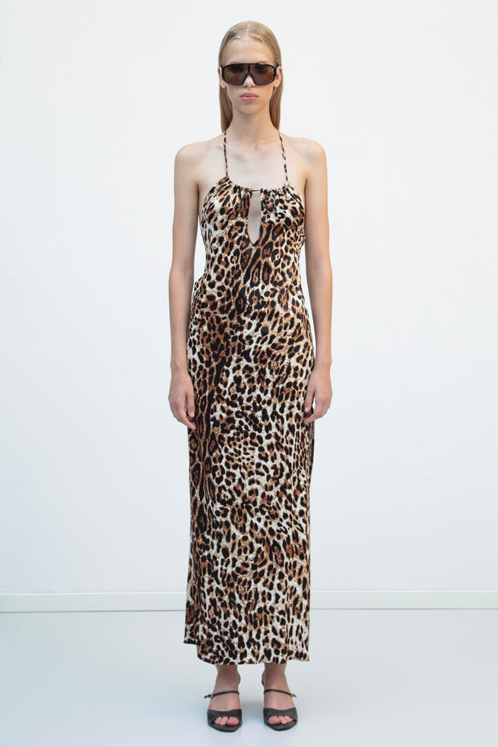 BSL Women Strappy Satin Leopard Maxi Dress - Barcelona