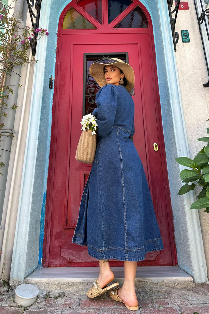 ELS Balloon Sleeve Cotton Dress - Blue - Belleville