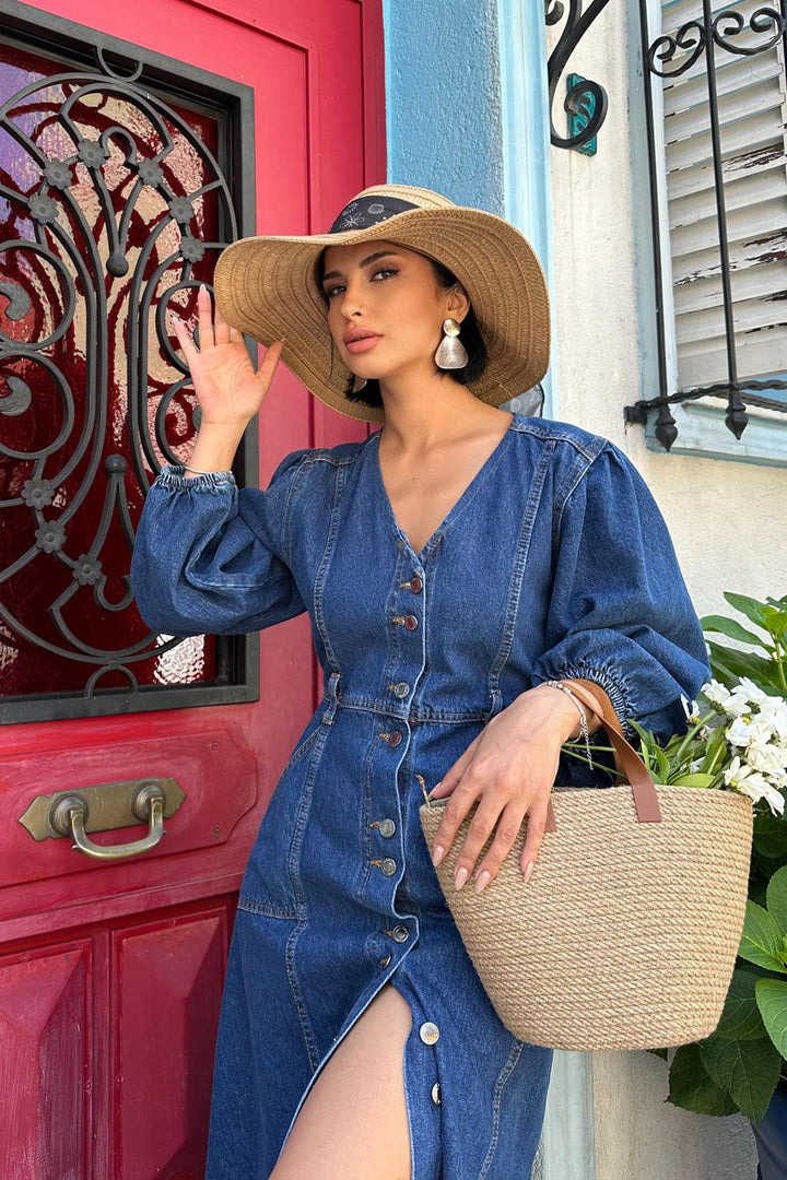 ELS Balloon Sleeve Cotton Dress - Blue - Belleville
