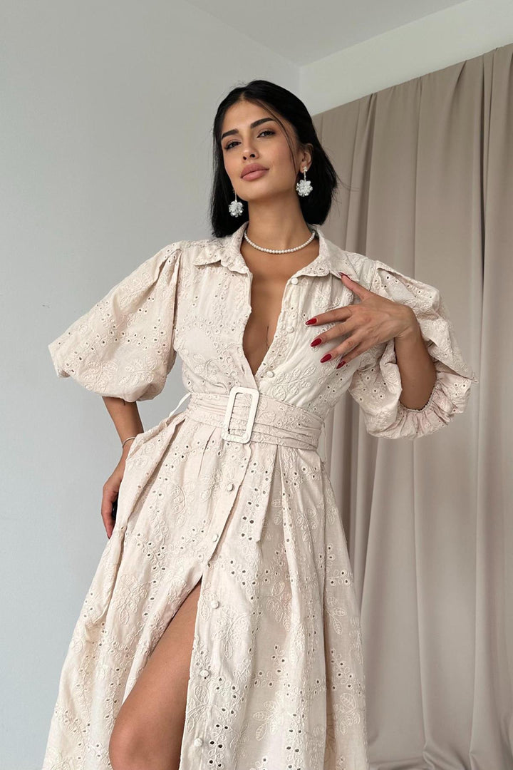 ELS Balloon Sleeve Shirred Dress - Beige - Trapani