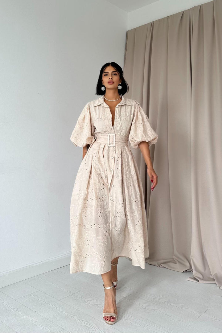 ELS Balloon Sleeve Shirred Dress - Beige - Trapani
