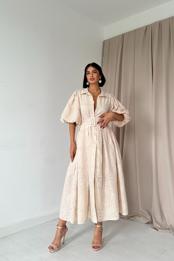 ELS Balloon Sleeve Shirred Dress - Beige - Trapani