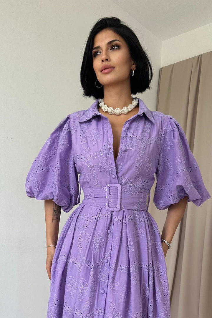 ELS Balloon Sleeve Shirred Dress - Lilac - Beaumont