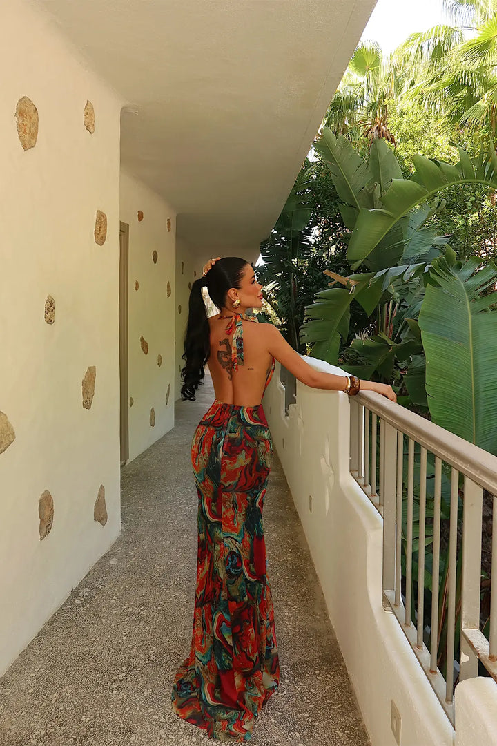 EYY Women Batik Pattern Strappy Long Dress - Amstelveen