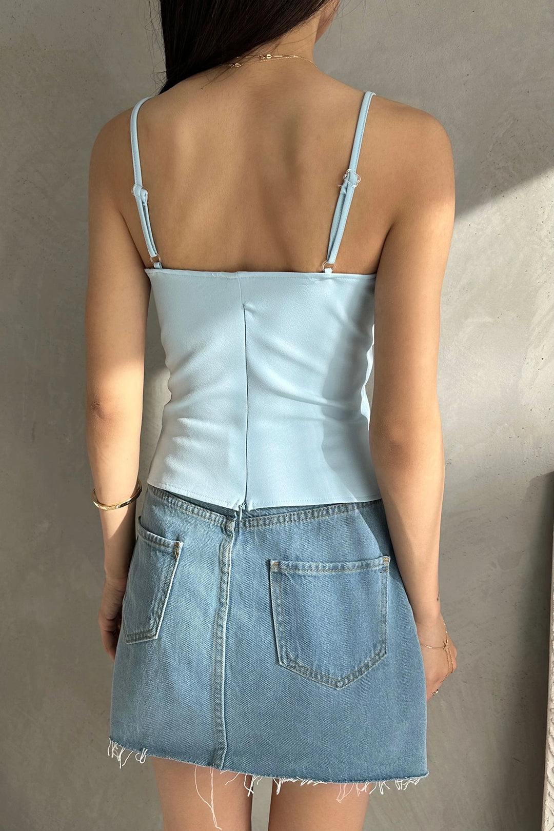 Baby Blue Adjustable String Strap Front Tie Detailed Summer Blouse BCDF-252187 - Trieste