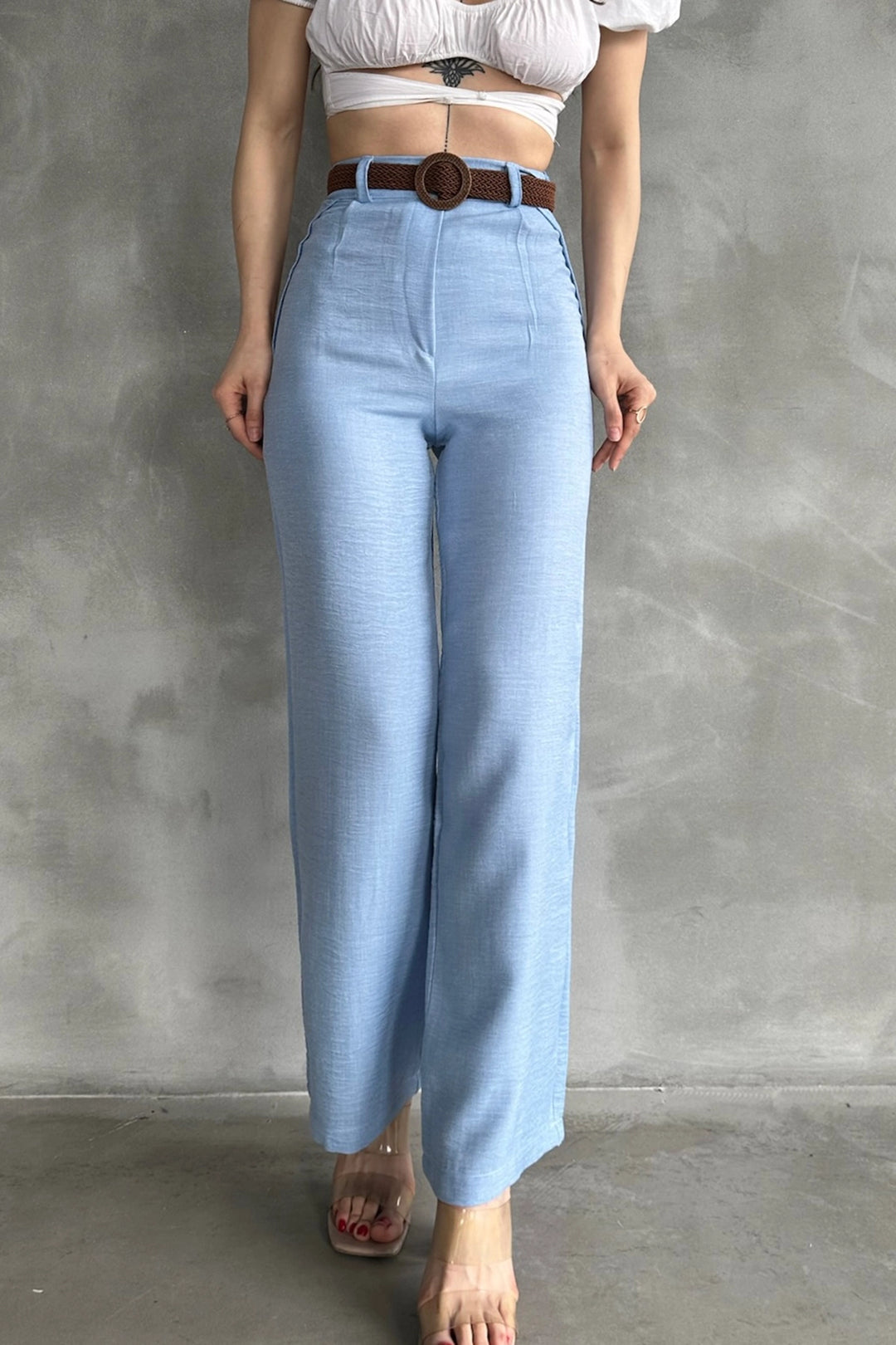 Baby Blue High Waisted Linen Trousers BCDF-241103 - Schagen