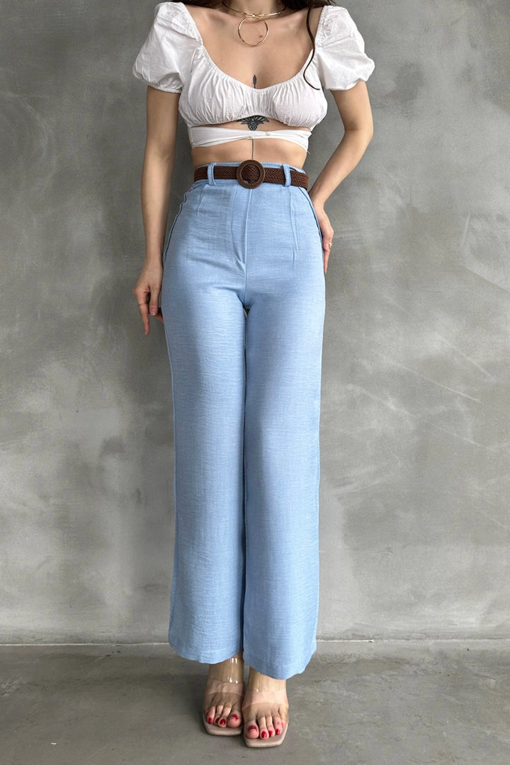 Baby Blue High Waisted Linen Trousers BCDF-241103 - Schagen