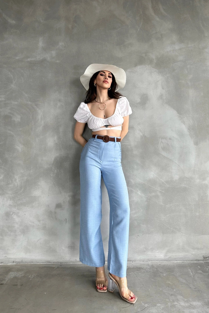 Baby Blue High Waisted Linen Trousers BCDF-241103 - Schagen
