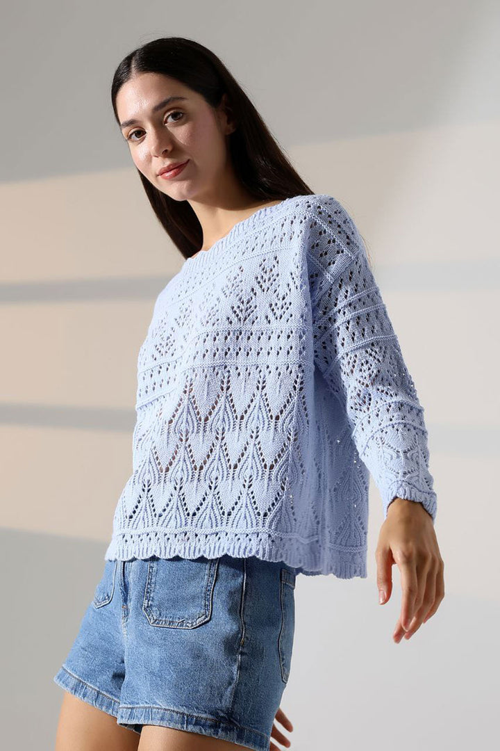 Baby Blue Sweater with Bicycle Collar Lace Motif BCES-252043 - Burnsville