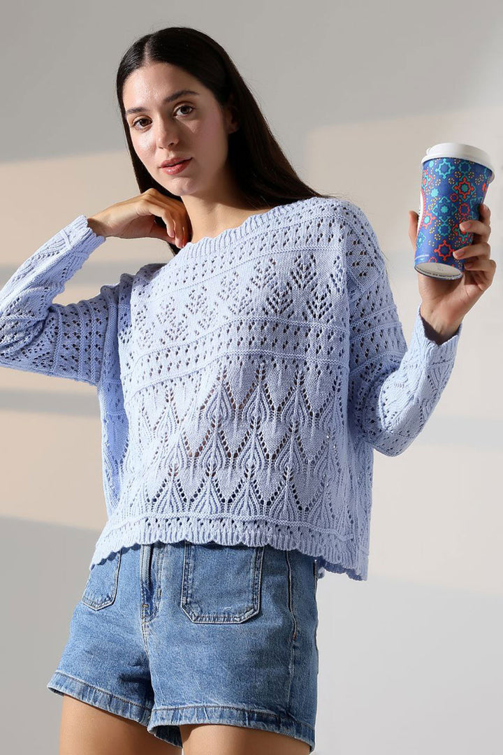 Baby Blue Sweater with Bicycle Collar Lace Motif BCES-252043 - Burnsville