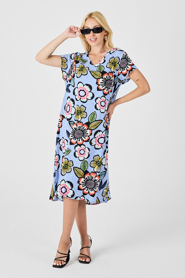 Baby Blue Deep V-Neck Floral Patterned Midi Dress BCVL-254005 - New York