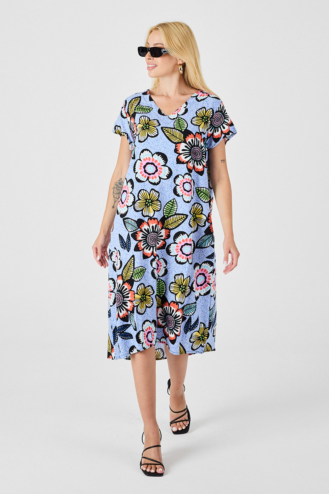 Baby Blue Deep V-Neck Floral Patterned Midi Dress BCVL-254005 - New York