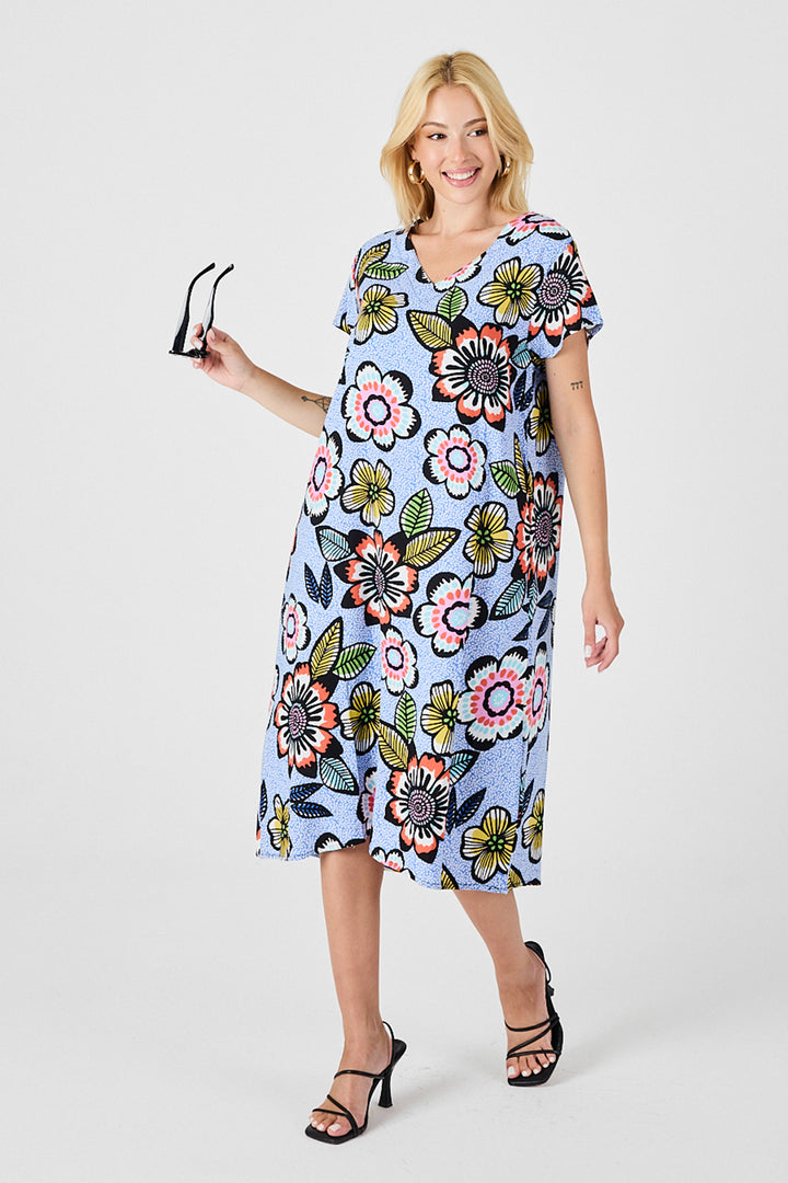 Baby Blue Deep V-Neck Floral Patterned Midi Dress BCVL-254005 - New York