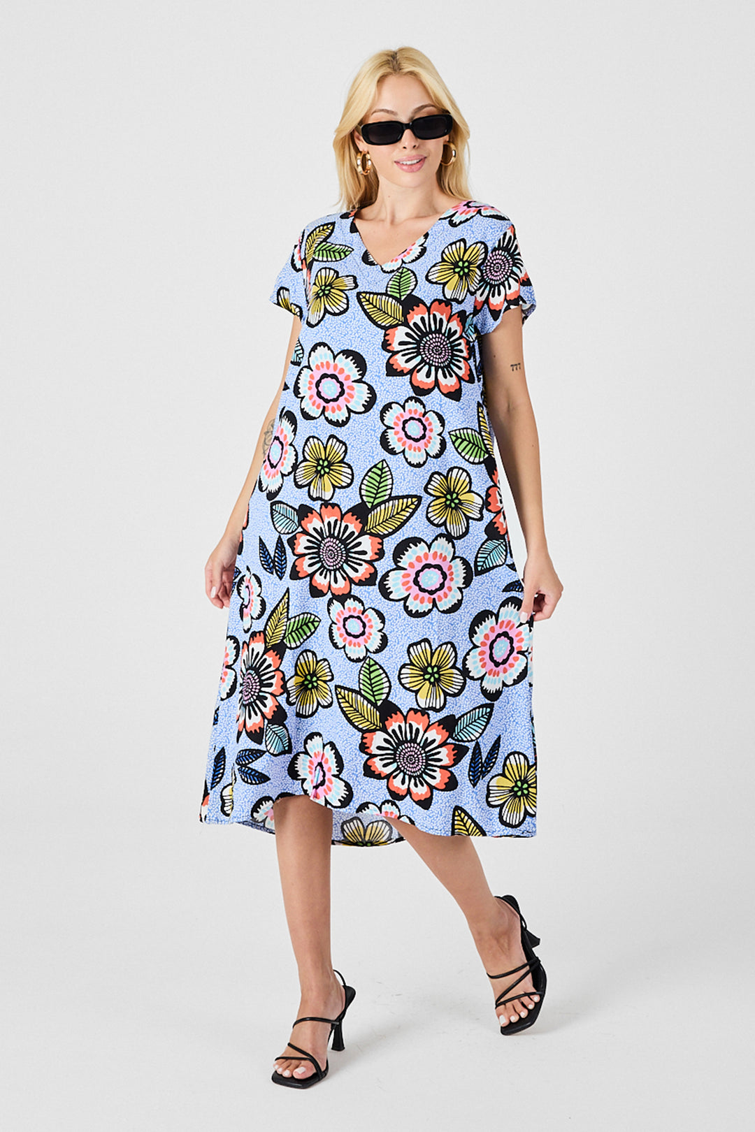 Baby Blue Deep V-Neck Floral Patterned Midi Dress BCVL-254005 - New York