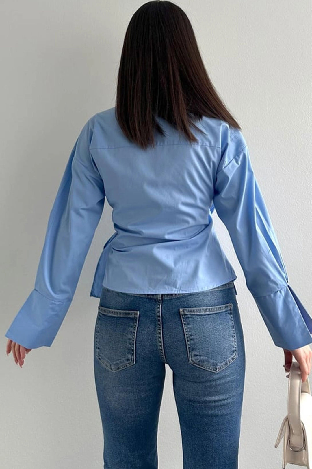 Baby Blue Wide Cuff Wrap-Around Poplin Shirt with Front Tie Closure BCDF-2530000 - Pueblo