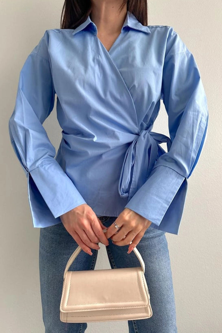 Baby Blue Wide Cuff Wrap-Around Poplin Shirt with Front Tie Closure BCDF-2530000 - Pueblo