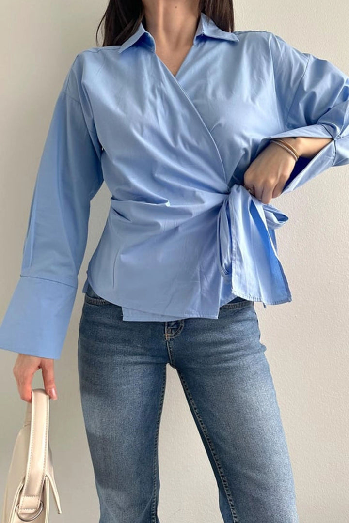 Baby Blue Wide Cuff Wrap-Around Poplin Shirt with Front Tie Closure BCDF-2530000 - Pueblo