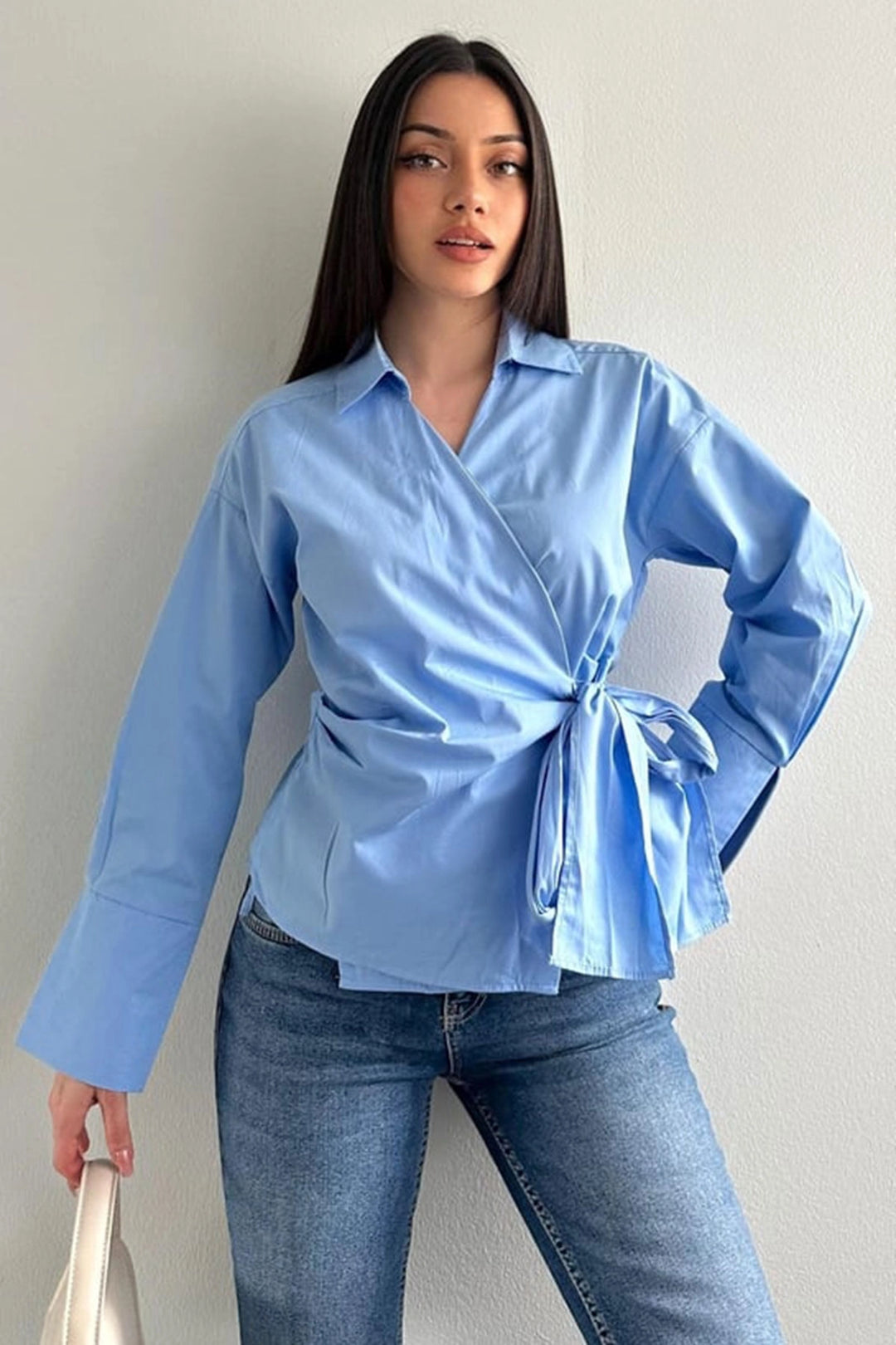Baby Blue Wide Cuff Wrap-Around Poplin Shirt with Front Tie Closure BCDF-2530000 - Pueblo