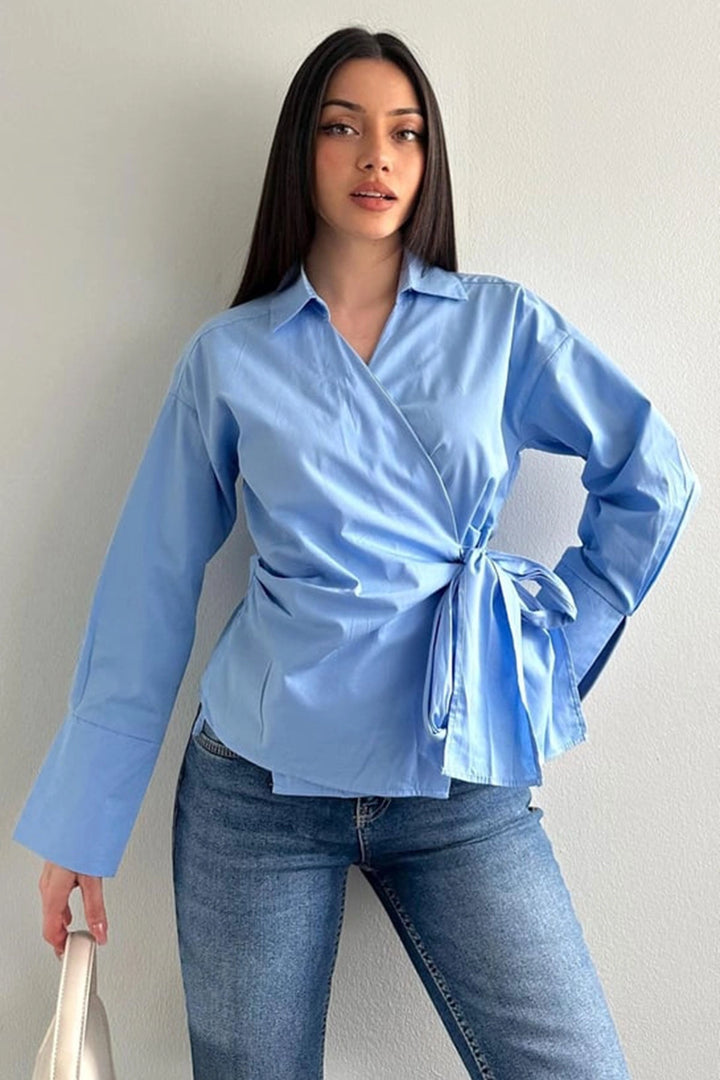 Baby Blue Wide Cuff Wrap-Around Poplin Shirt with Front Tie Closure BCDF-2530000 - Pueblo