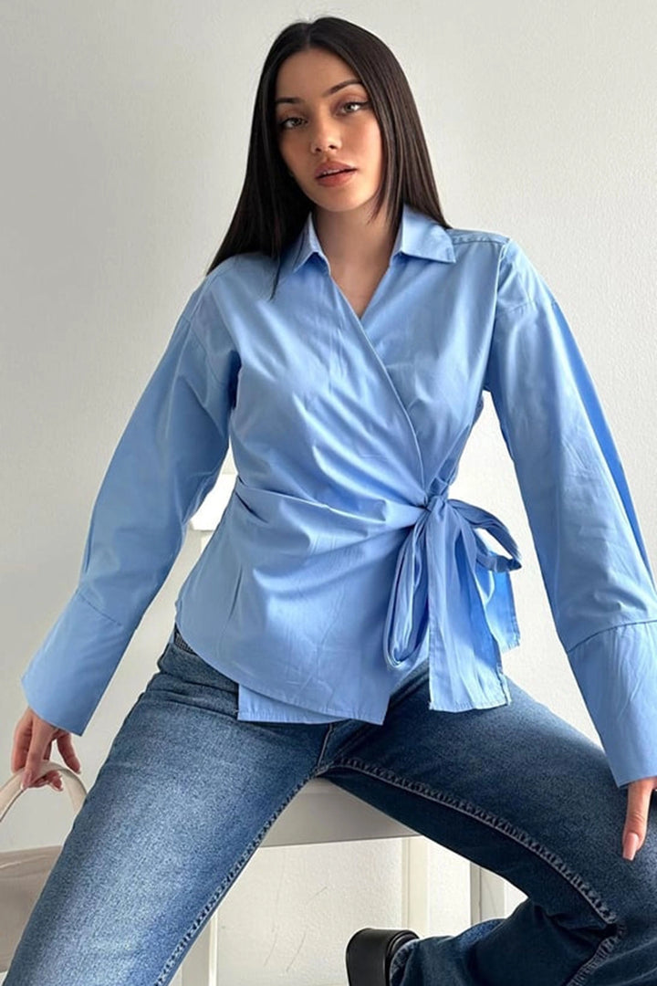 Baby Blue Wide Cuff Wrap-Around Poplin Shirt with Front Tie Closure BCDF-2530000 - Pueblo