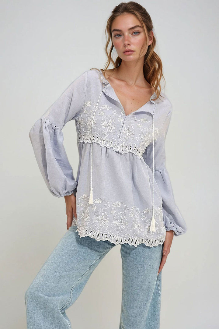 Baby Blue Embroidered Front Tassel Collar Balloon Sleeve Woven Blouse BCHESQ-251032 - Puebla
