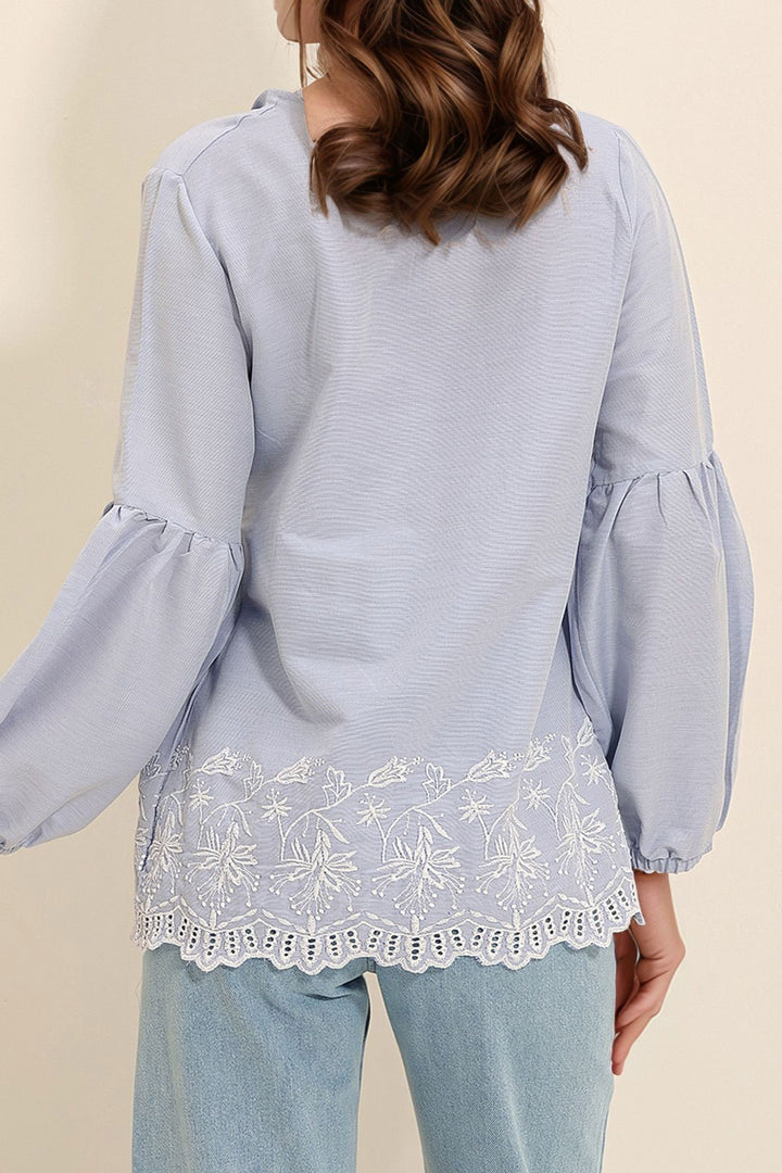Baby Blue Embroidered Front Tassel Collar Balloon Sleeve Woven Blouse BCHESQ-251032 - Puebla