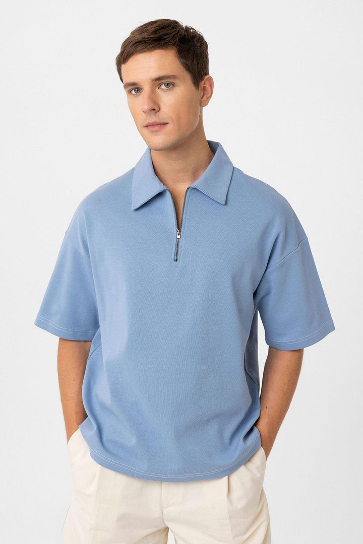 ANT Antioch Bebe Mavi Oversize Polo Yaka Fermuarlı Erkek T-Shirt - Wheaton