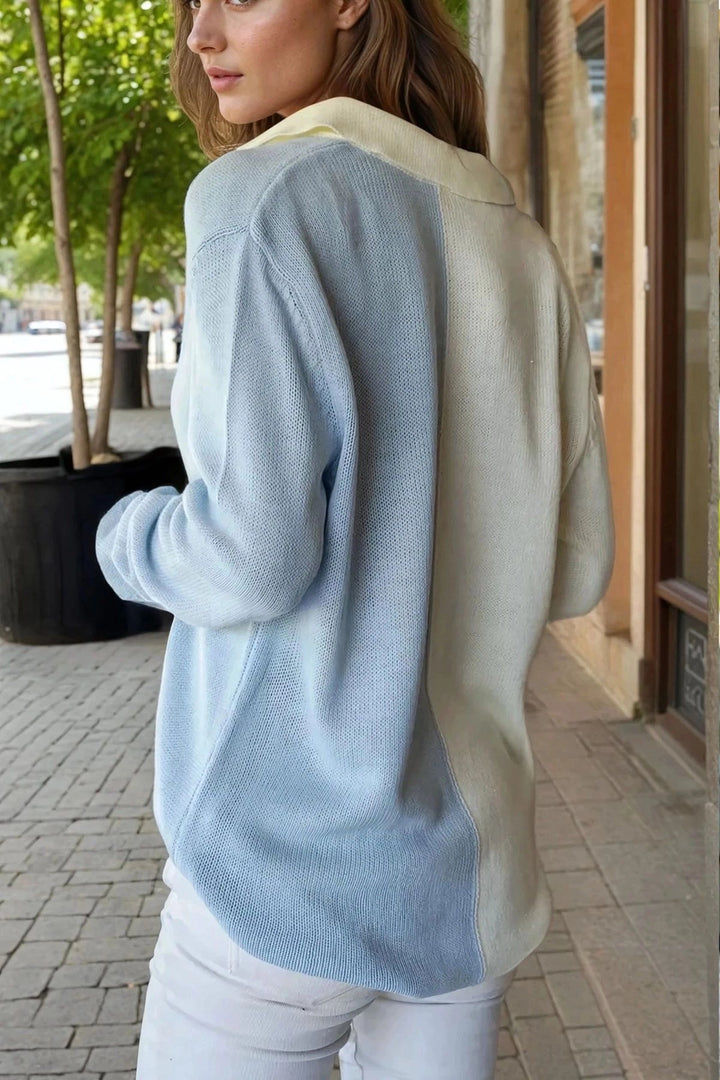 Baby Blue Polo Neck Color Block Slouchy Sweater BCBSK-25700-CCK1492 - San Jacinto