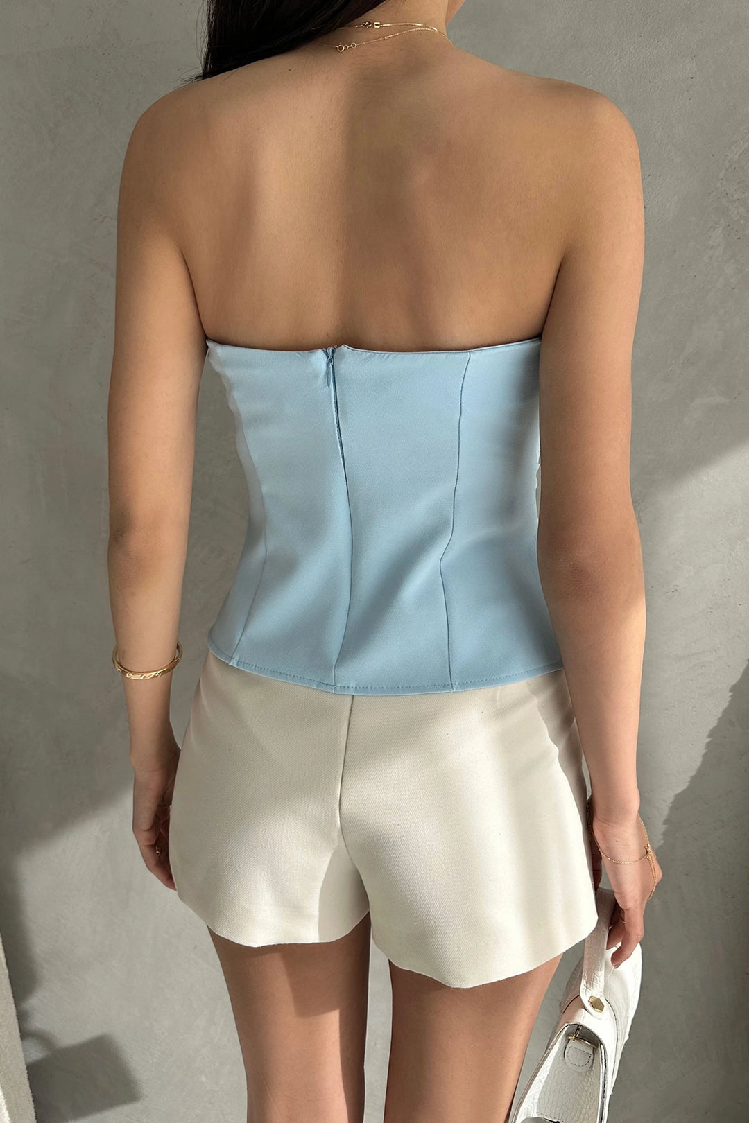Baby Blue Strapless Fitted Thin Belt Detailed Woven Blouse BCDF-252189 - Charleston