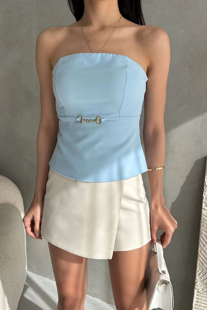 Baby Blue Strapless Fitted Thin Belt Detailed Woven Blouse BCDF-252189 - Charleston