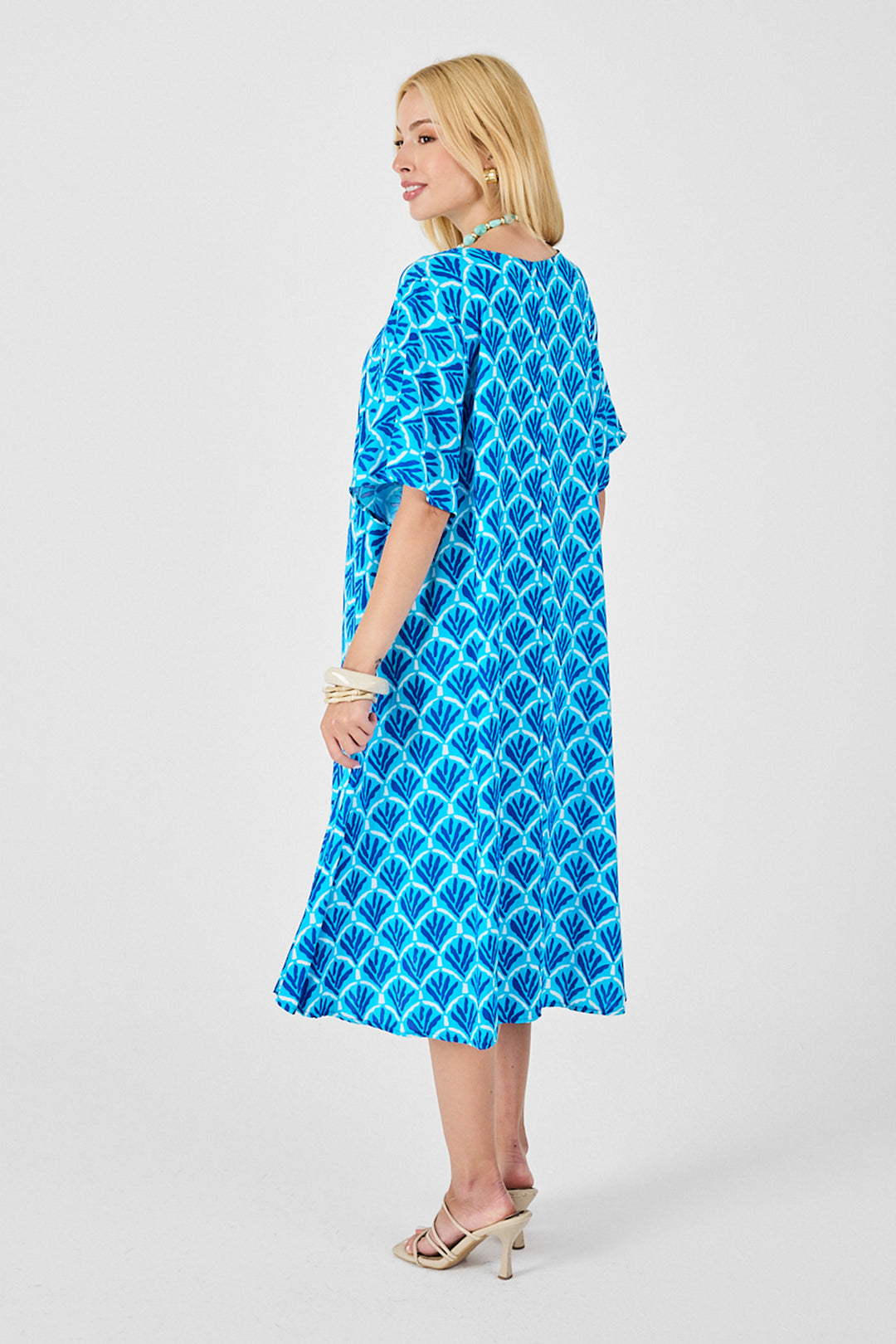 Baby Blue Round Neck Short Sleeve Midi Length Patterned Dress BCVL-254010 - Yalta