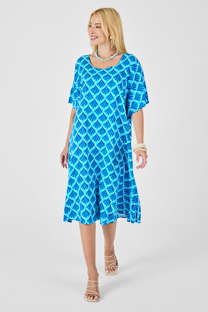 Baby Blue Round Neck Short Sleeve Midi Length Patterned Dress BCVL-254010 - Yalta